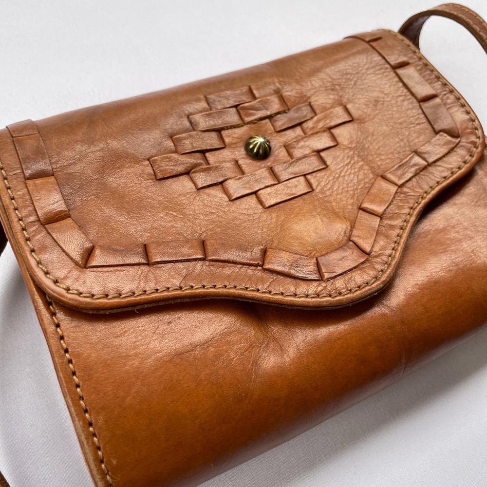 Vintage American West Woven Brown Leather Western Crossbody Bag Bohemian Tooled - Picture 3 of 9